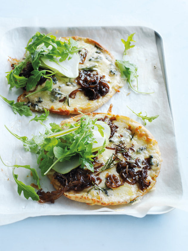Blue Cheese, Carmelized Onion, and Pear Pizzas