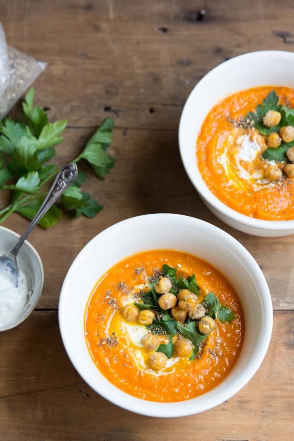 Creamy Roasted Carrot Soup with Spicy Chickpeas