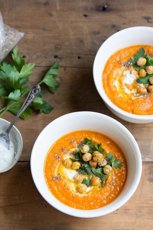 Creamy Roasted Carrot Soup with Spicy Chickpeas